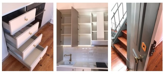 Four open drawers. Kitchen fittings with wall tile background. Door lock and handle, wooden floor and stairs.